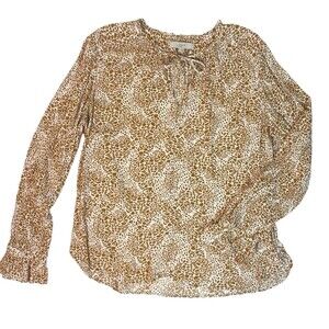 LOFT Giraffe Peasant Tunic Tie-Front Ruffle Cuff LS Blouse Top Boho Orange L